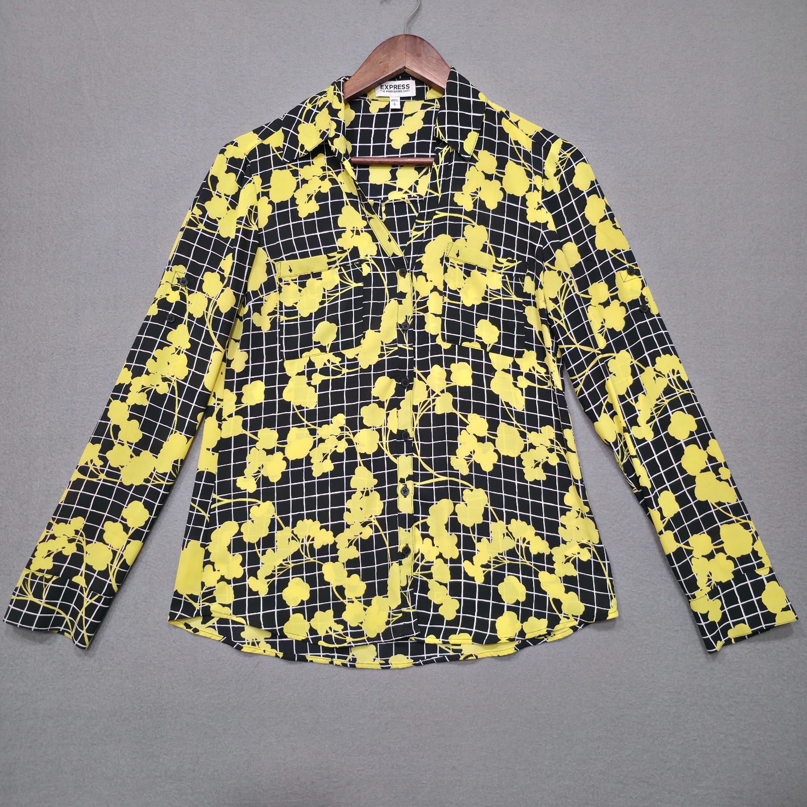 Express Women's Long Sleeve Black & Yellow Floral Button Up Shirt Size Small